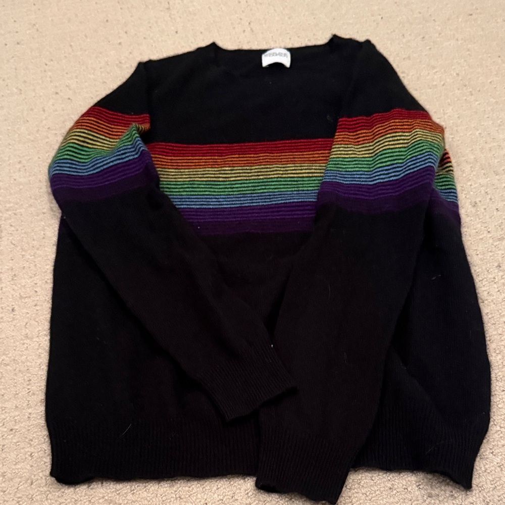 Madeline Thompson Black Sweater with Rainbow Stripes